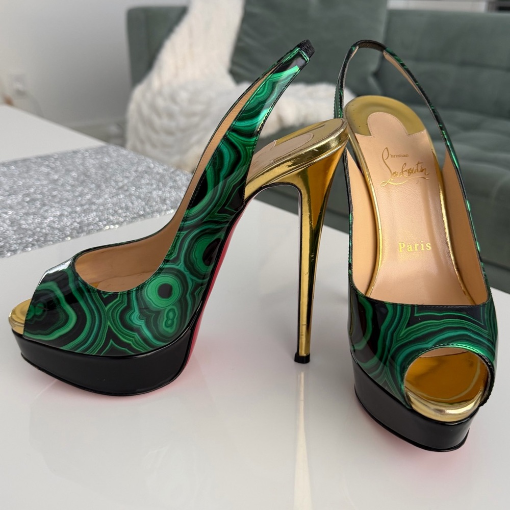 Christian Louboutin Multicolor green patent Leather Lady Peep Sling Pumps